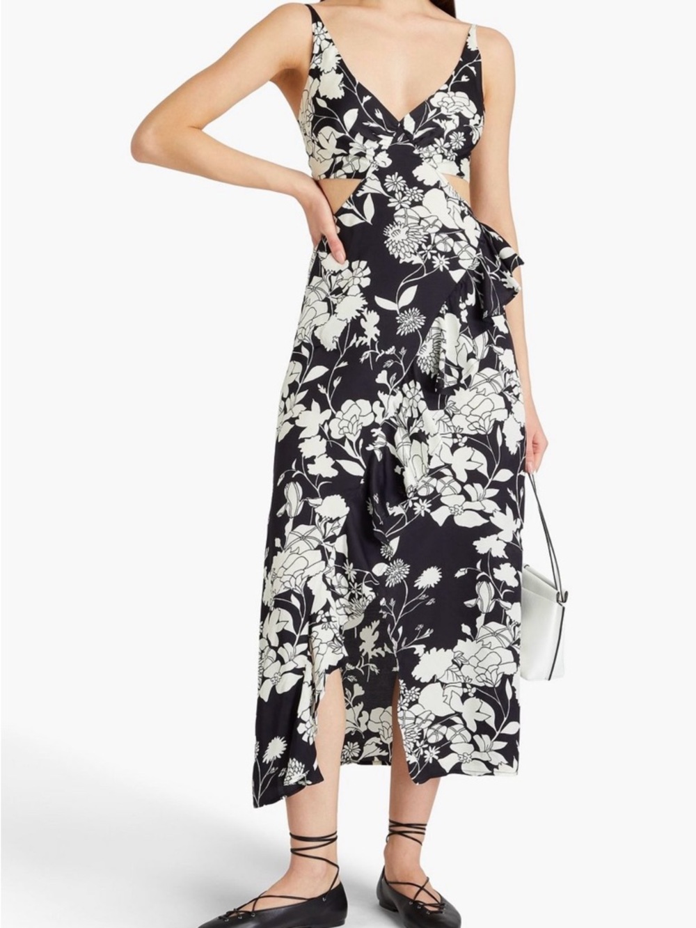 Maje Black & White Floral Cutout V-Neck Midi Dress
